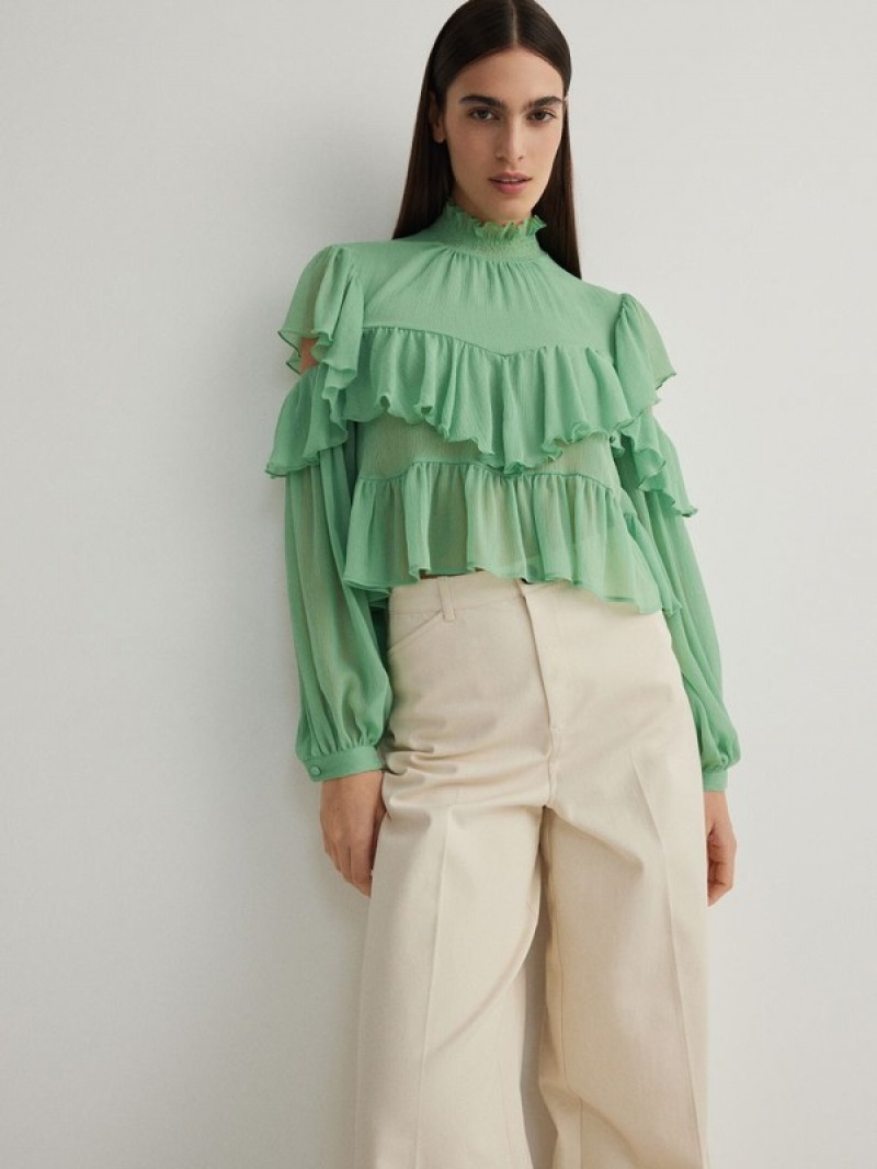 Green Reserved Ruffle Women\'s Shirts | QLRX-08291