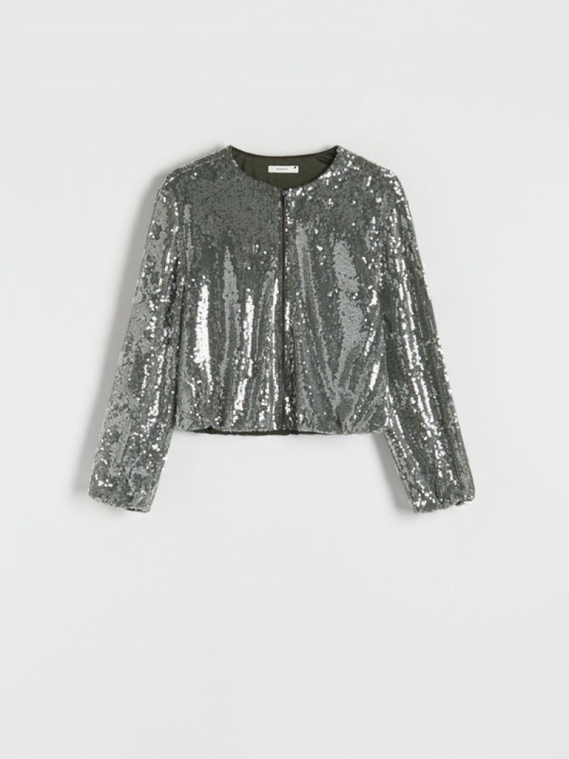 Green Reserved Sequin Bomber Women's Jackets | BQSF-58129