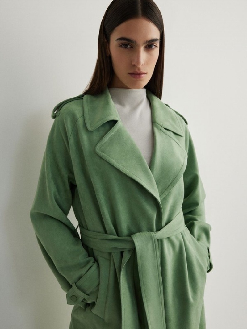 Green Reserved Tie Waist Women's Coats | ZPWL-84039