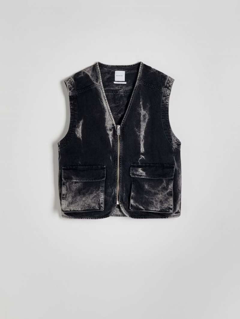 Grey Reserved Denim Men's Vests | QOFH-75198