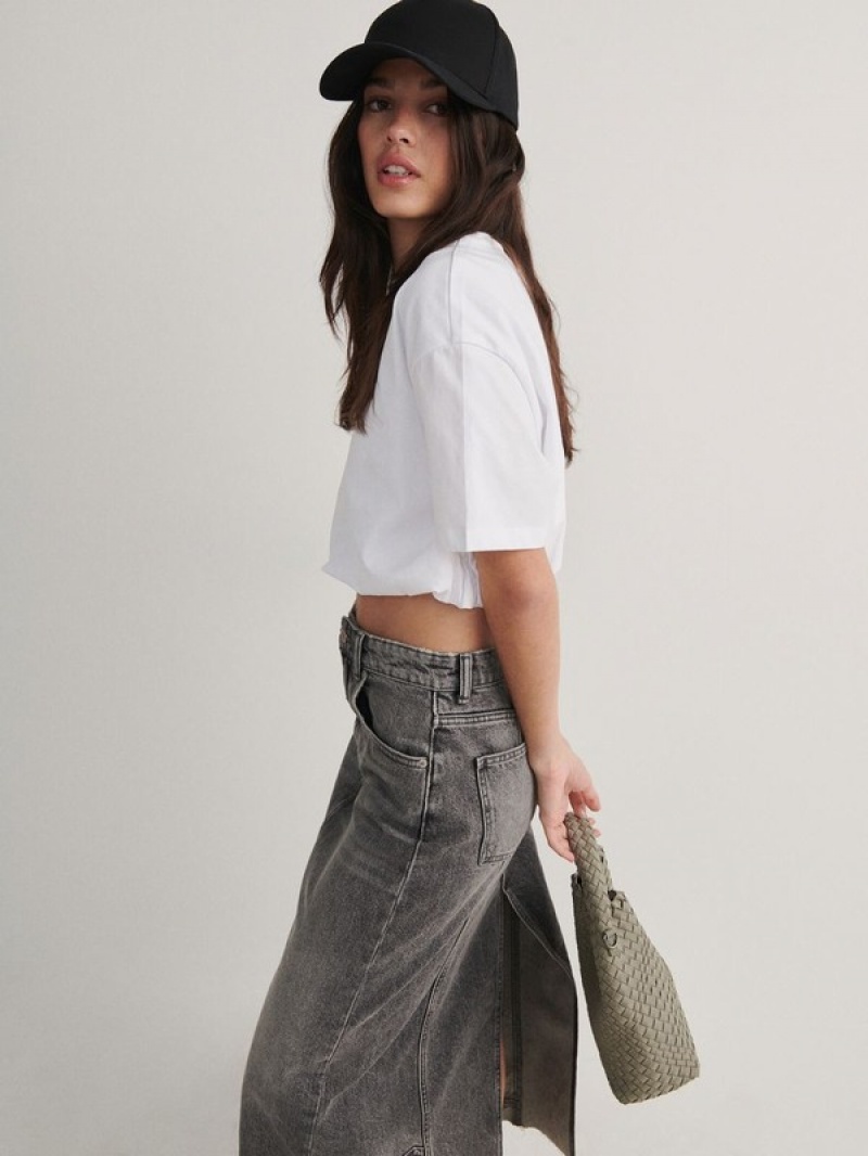 Grey Reserved Denim Midi Women's Skirts | FWTP-12967