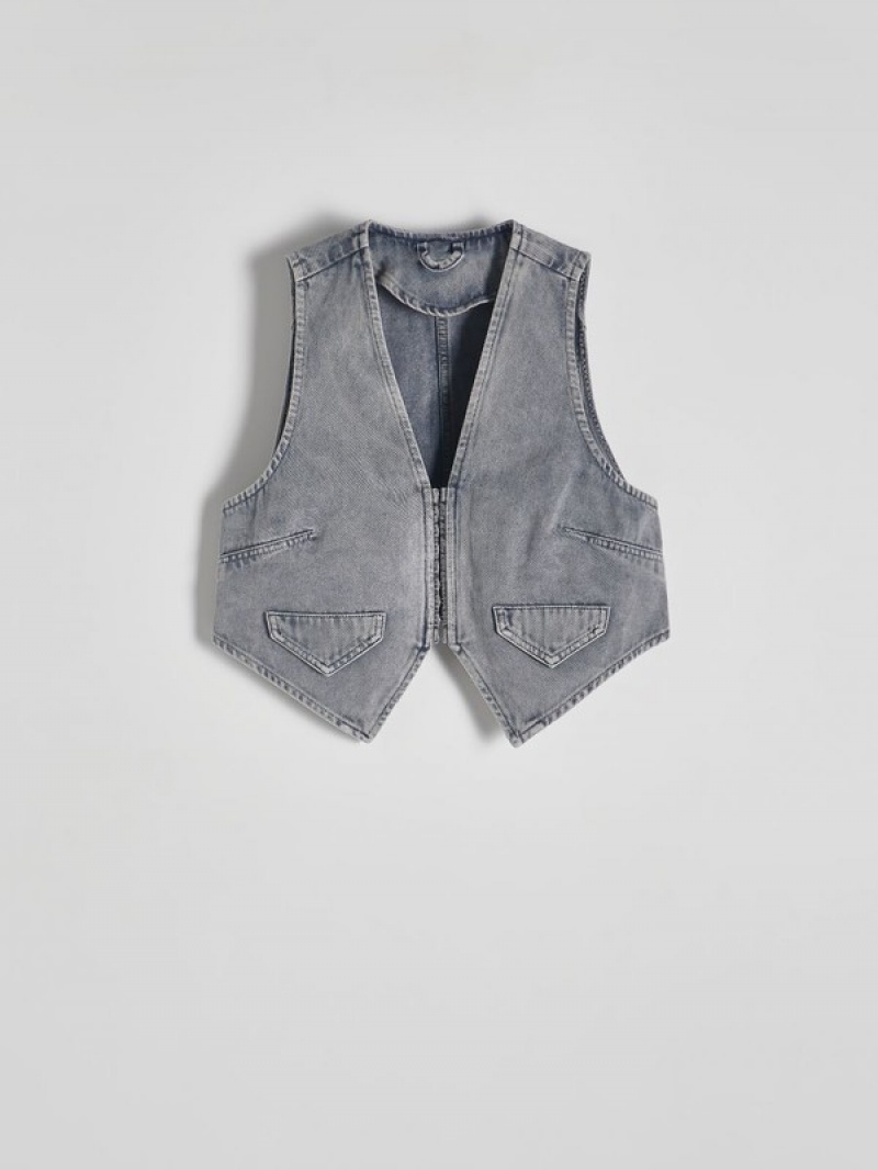 Grey Reserved Denimwash Effect Women's Vest | MVFR-19420