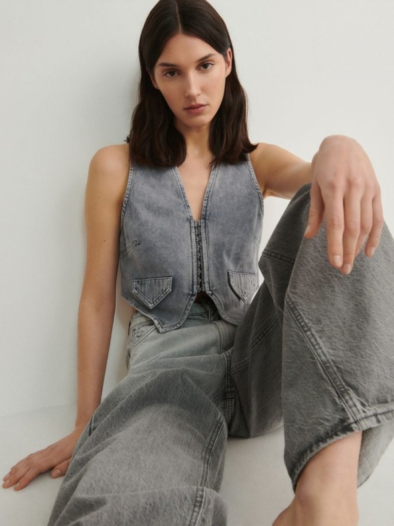 Grey Reserved Denimwash Effect Women's Vest | MVFR-19420