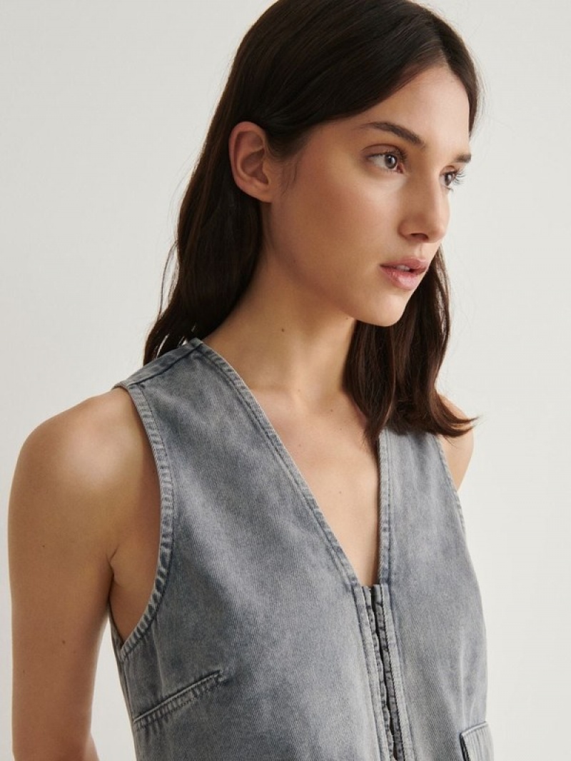 Grey Reserved Denimwash Effect Women's Vest | MVFR-19420