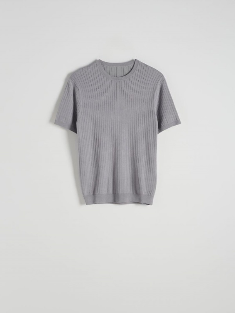 Grey Reserved Regular Fit Rib Knit Men's T-shirts | QHYD-92506