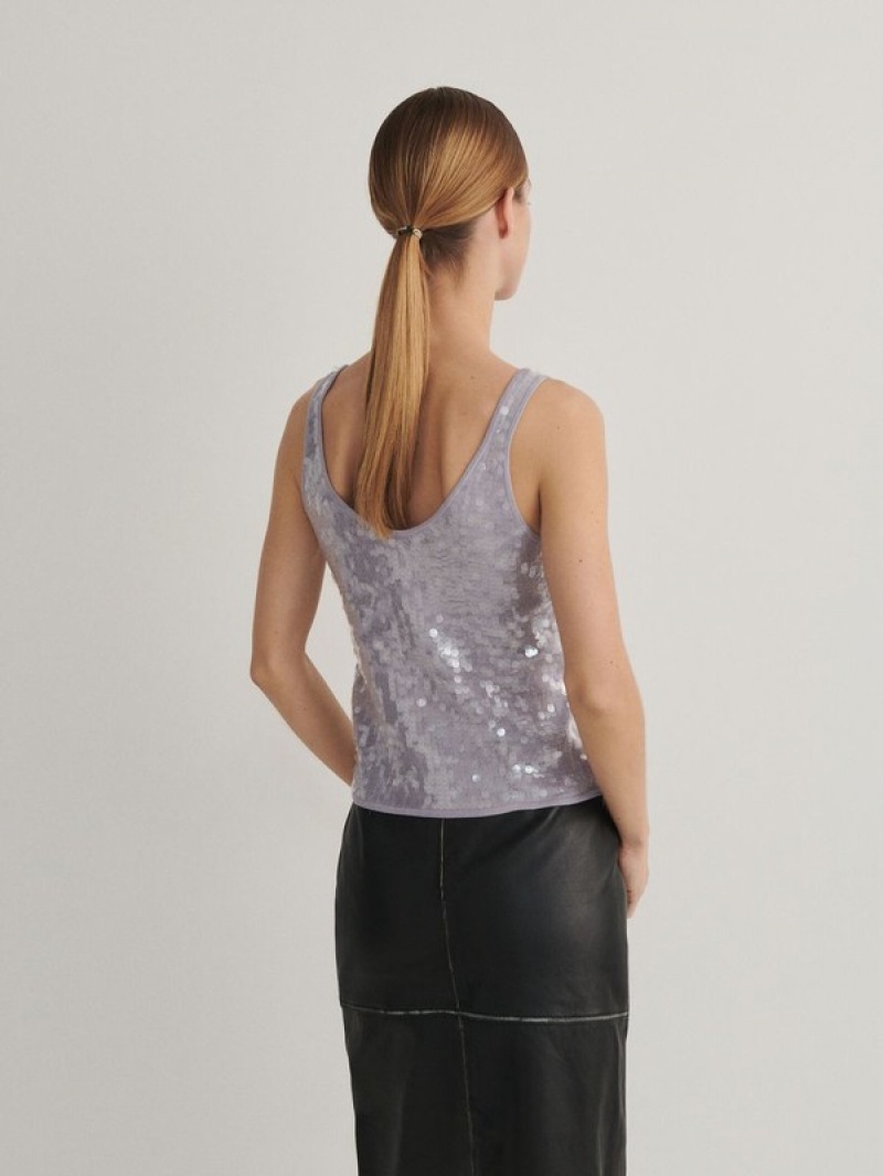 Grey Reserved Sequin Top Women's T-shirts | ILKR-53674