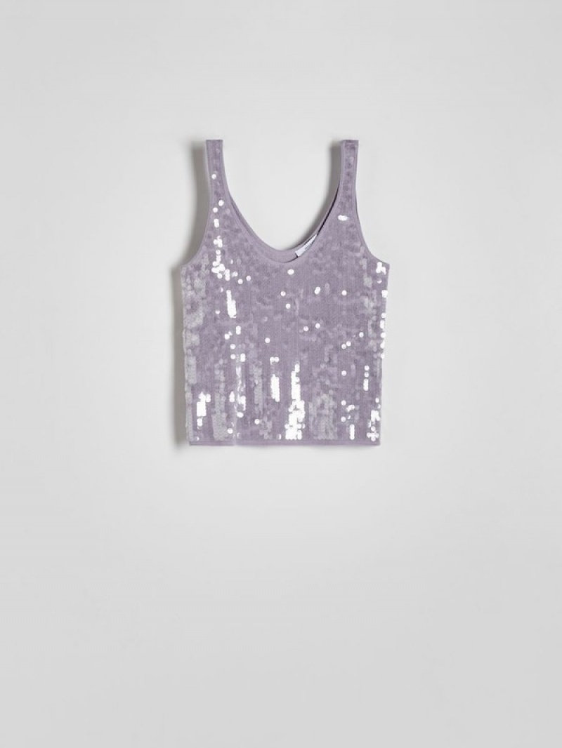 Grey Reserved Sequin Top Women's T-shirts | ILKR-53674