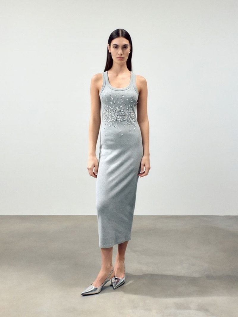 Grey Reserved Shiny Appliqués Women's Dress | WJTZ-13746