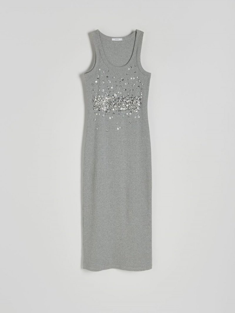 Grey Reserved Shiny Appliqués Women's Dress | WJTZ-13746