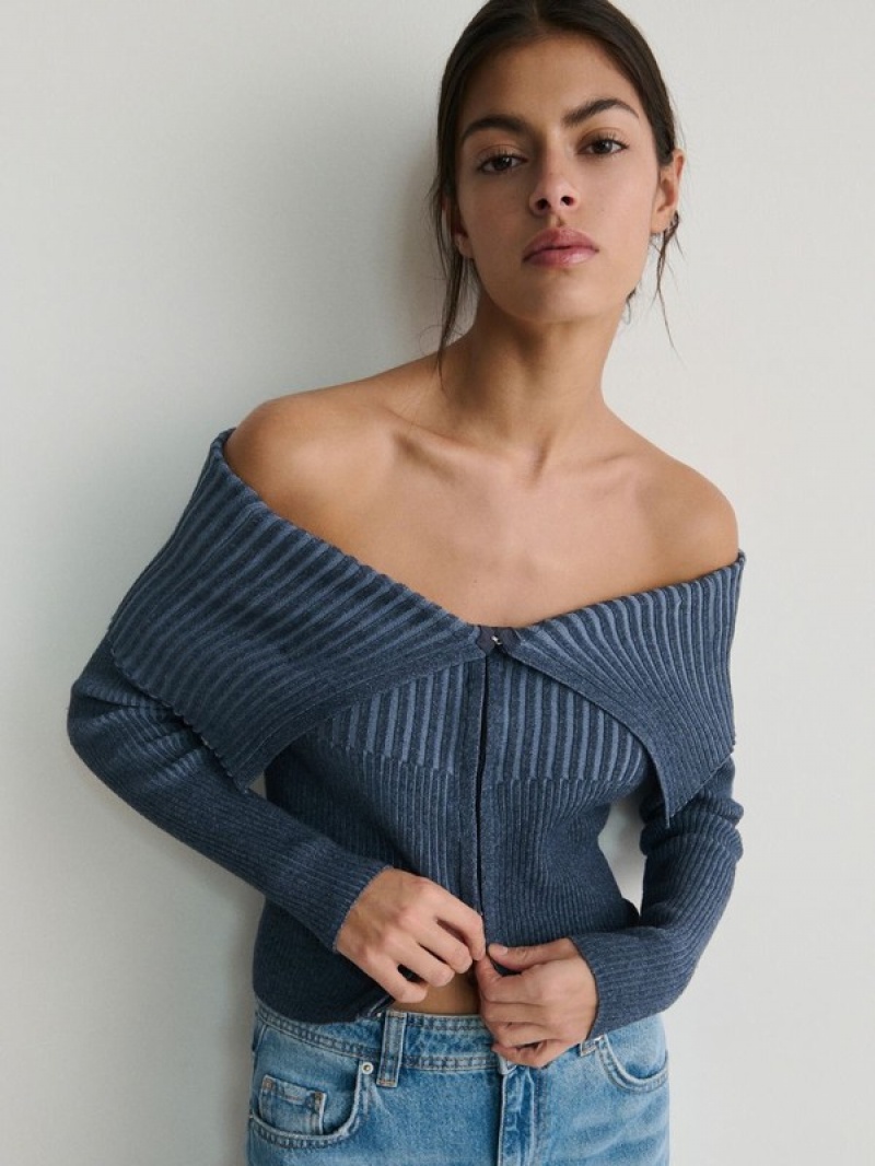 Grey / Blue Reserved Collar Women's Sweaters | YJND-79804