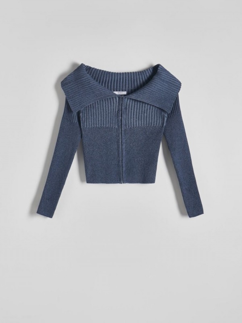 Grey / Blue Reserved Collar Women's Sweaters | YJND-79804