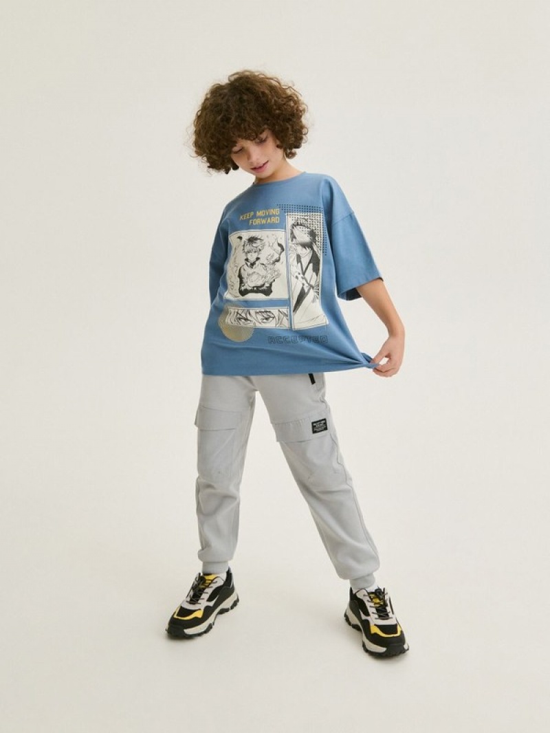 Grey / Blue Reserved Cotton T-print Boys' T-shirts | ILJZ-02796