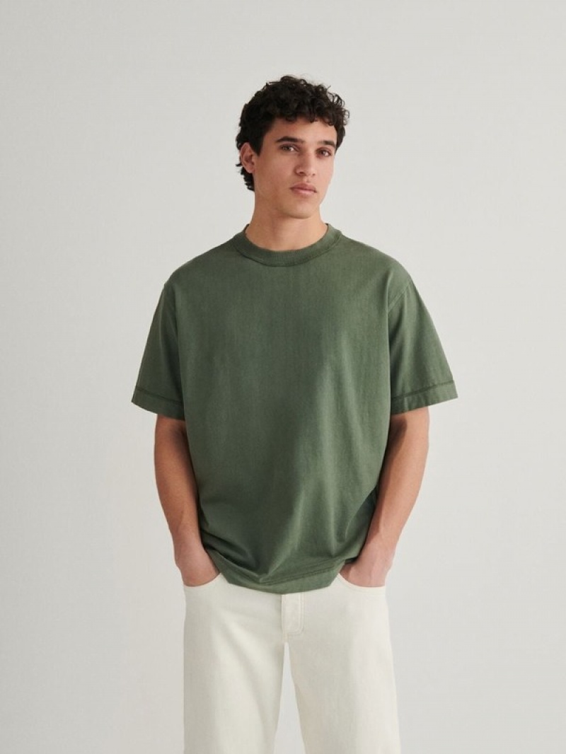 Grey / Green Reserved Boxy Men's T-shirts | IEHF-86319