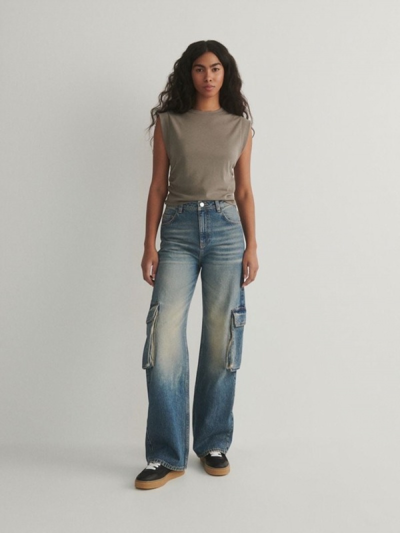 Indigo Reserved Wide Legcargo Pockets Women's Jeans | YFEQ-54703