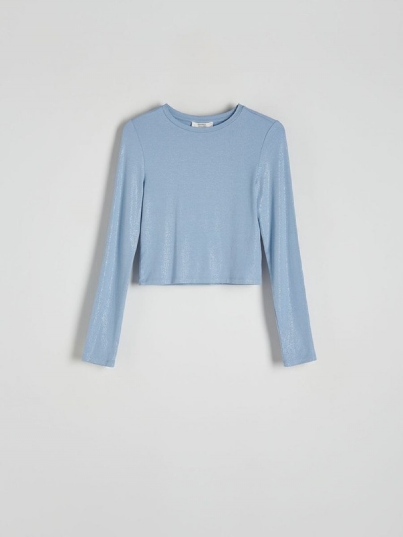 Light Blue Reserved A Metallic Thread Women's Shirts | XEZP-45817