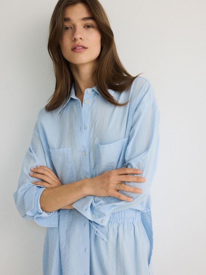 Light Blue Reserved Cotton Women's Shirts | EQOZ-71809