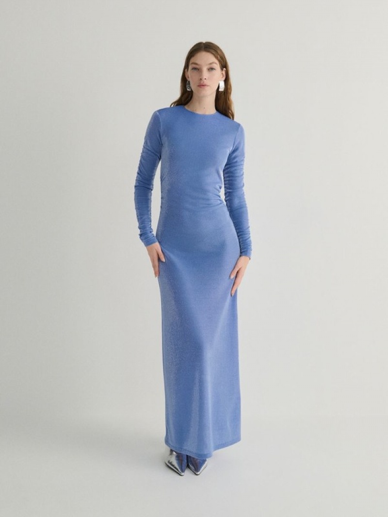 Light Blue Reserved Glitterygathered Details Women's Dress | QLUE-27901