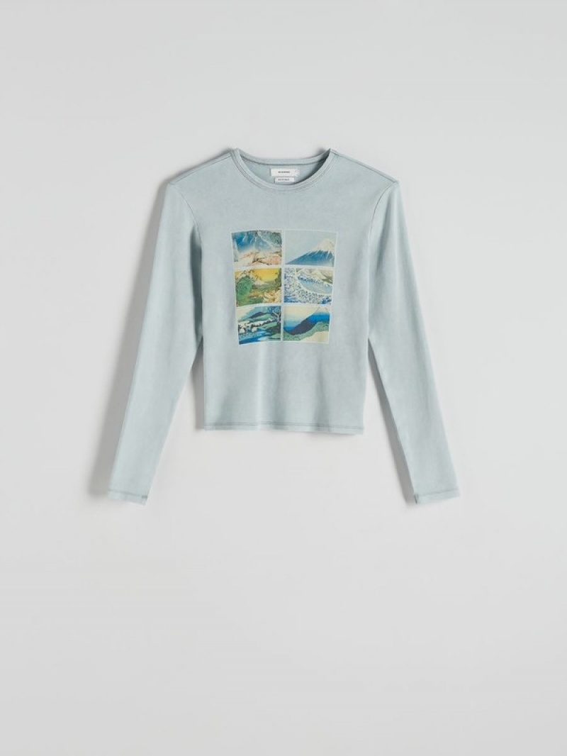 Light Blue Reserved Long Sleeve T-wash-effect Print Women's T-shirts | CVDU-05917