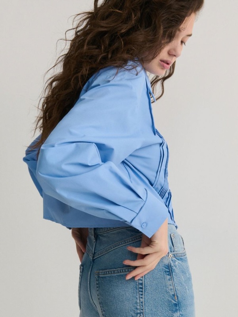 Light Blue Reserved Pleated Women's Shirts | CQDP-54317