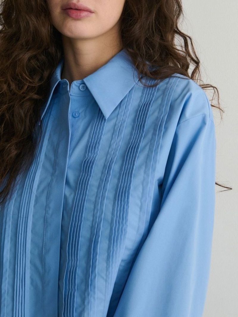 Light Blue Reserved Pleated Women's Shirts | CQDP-54317