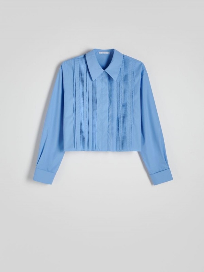 Light Blue Reserved Pleated Women's Shirts | CQDP-54317