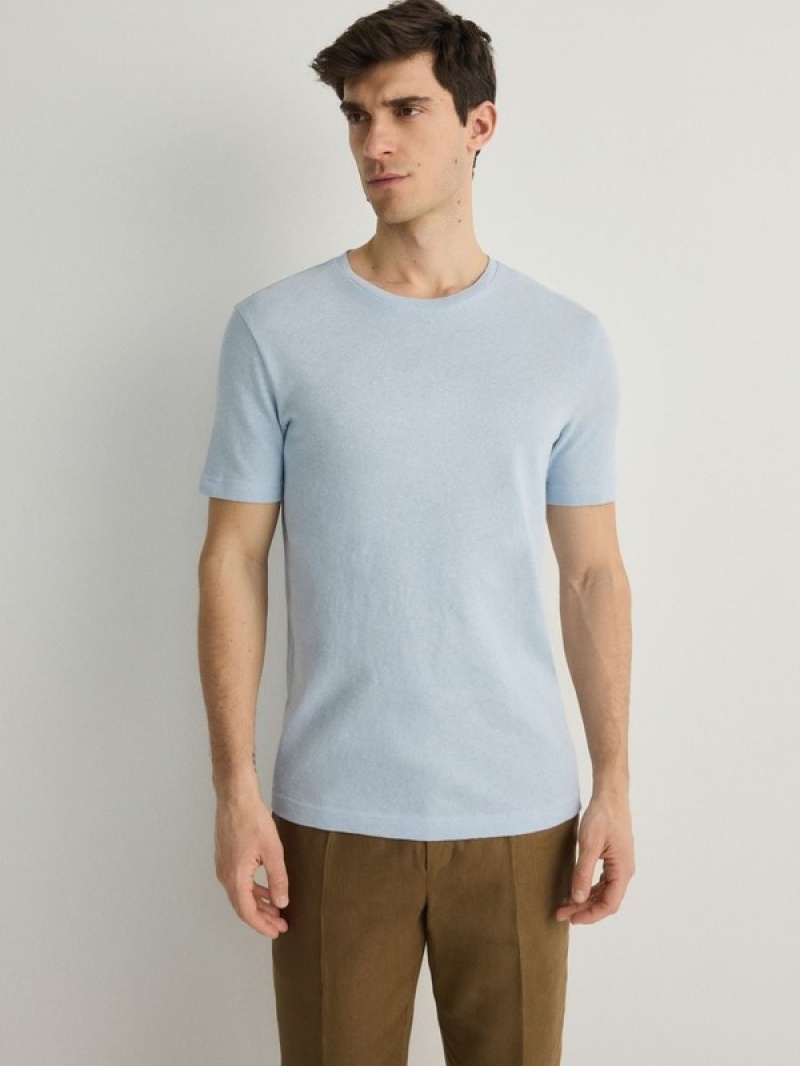 Light Blue Reserved Regular Fit T-linen Blend Men's T-shirts | BCDN-41786