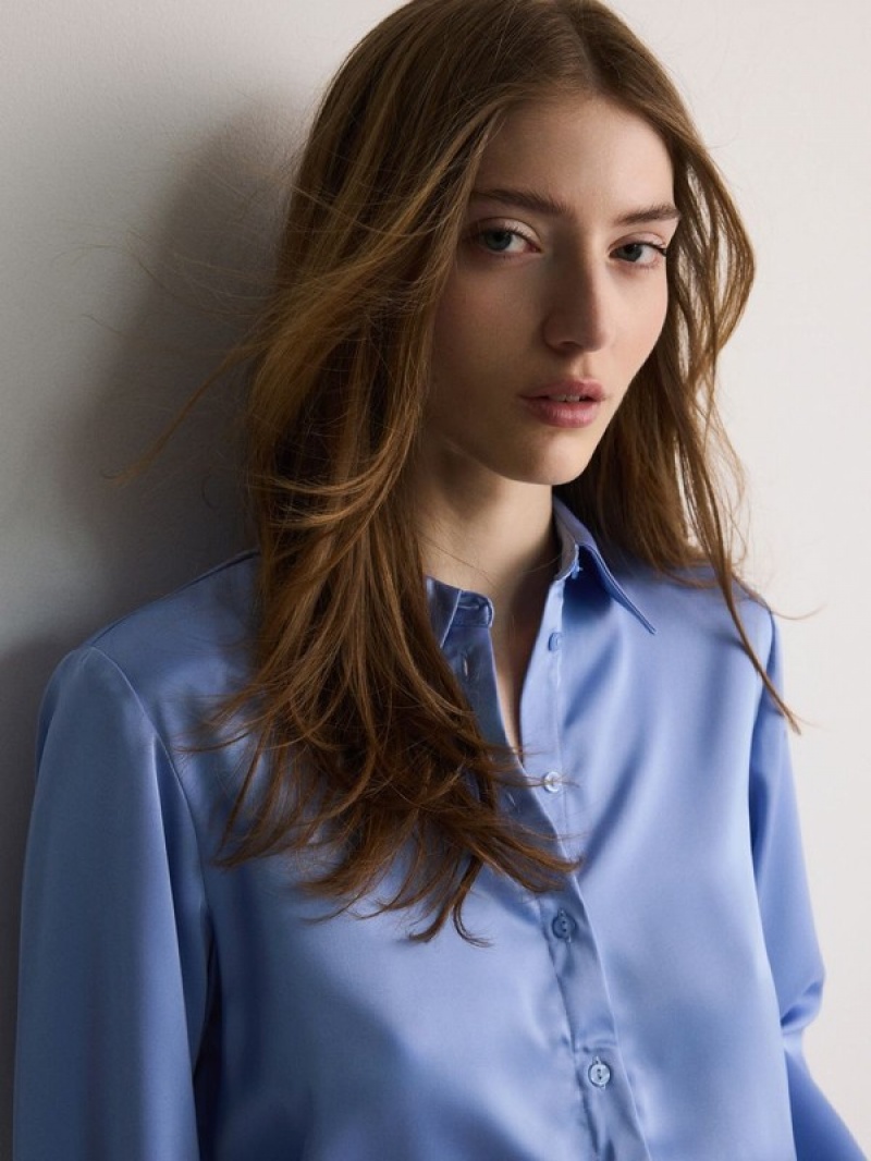 Light Blue Reserved Satin Women's Shirts | AYGI-32584