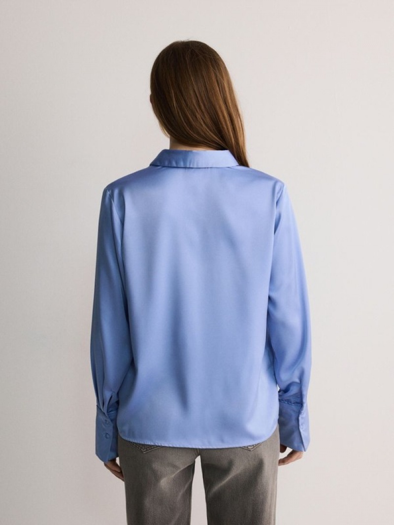 Light Blue Reserved Satin Women's Shirts | AYGI-32584