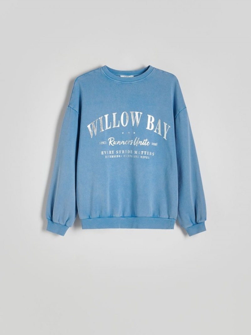 Light Blue Reserved Sweatmetallic Print Women's Sweatshirts | XQSG-90534