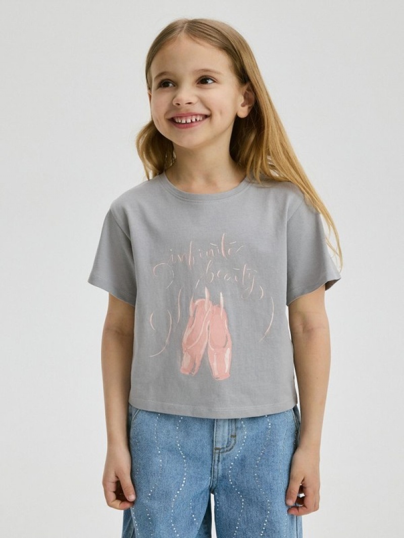 Light Grey Reserved Cotton T-print Girls' T-shirts | CFPS-80456