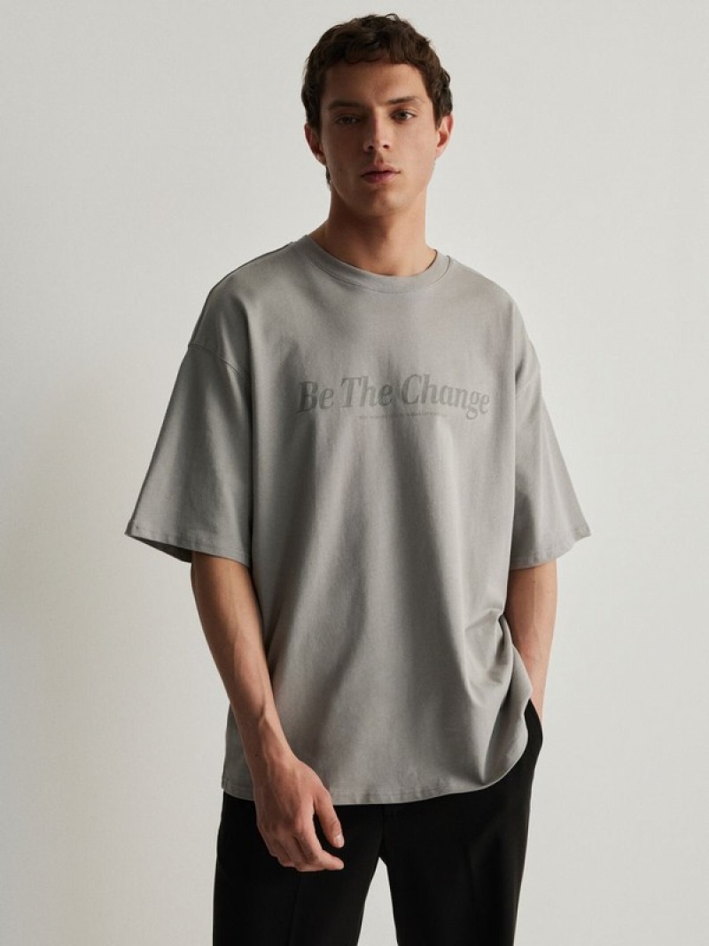 Light Grey Reserved Oversized T-print Men's T-shirts | KSUV-10879