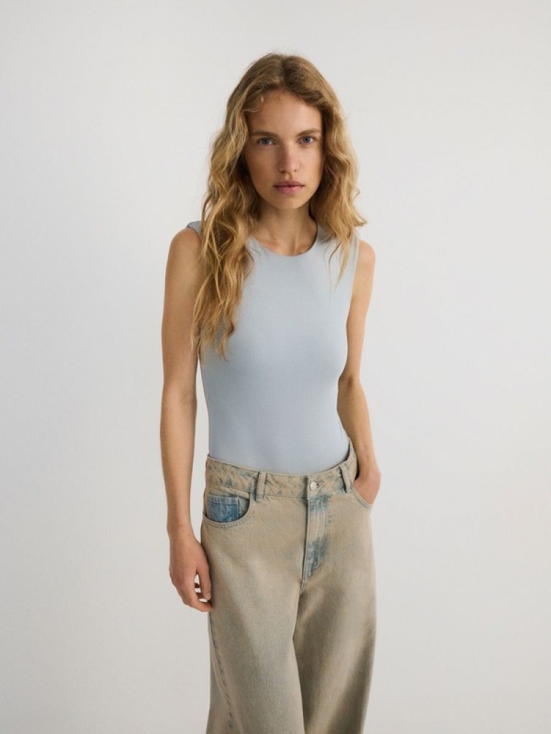 Light Grey Reserved Rib Knit Jersey Body Women's T-shirts | ITLS-04613