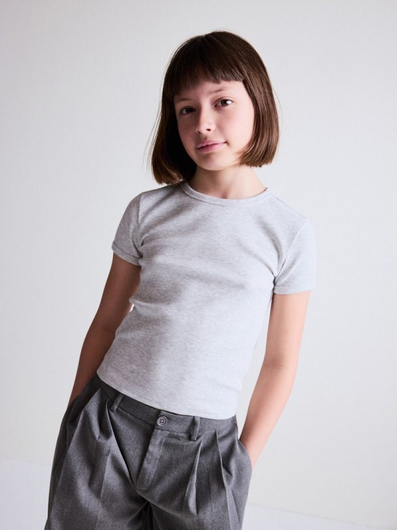 Light Grey Reserved Ribbed Cotton Girls' T-shirts | WINK-47801