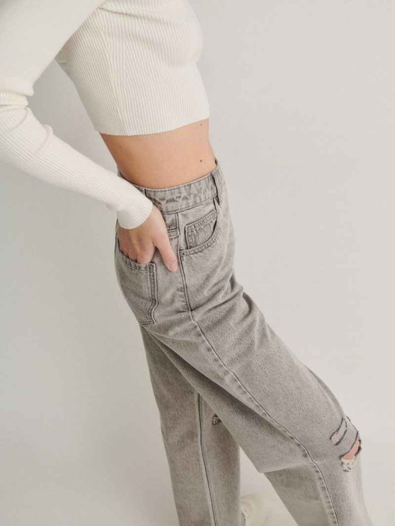 Light Grey Reserved Wide Leg Distressed Women's Jeans | KQNO-16723