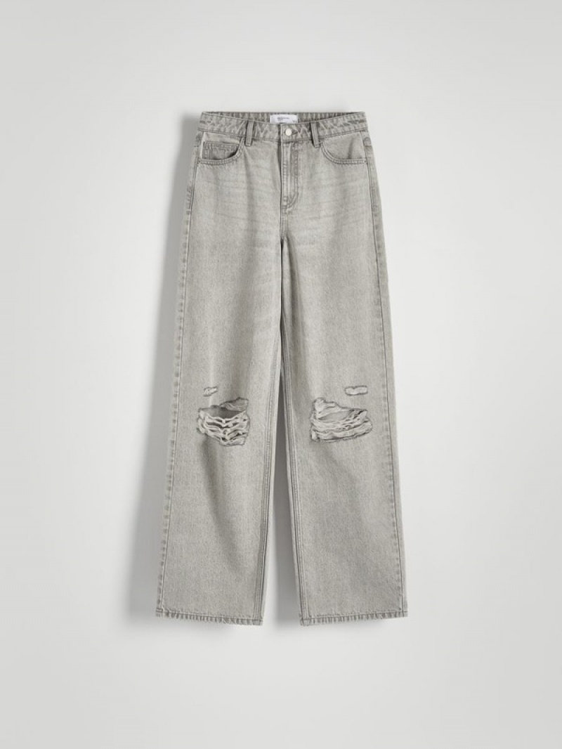 Light Grey Reserved Wide Leg Distressed Women's Jeans | KQNO-16723