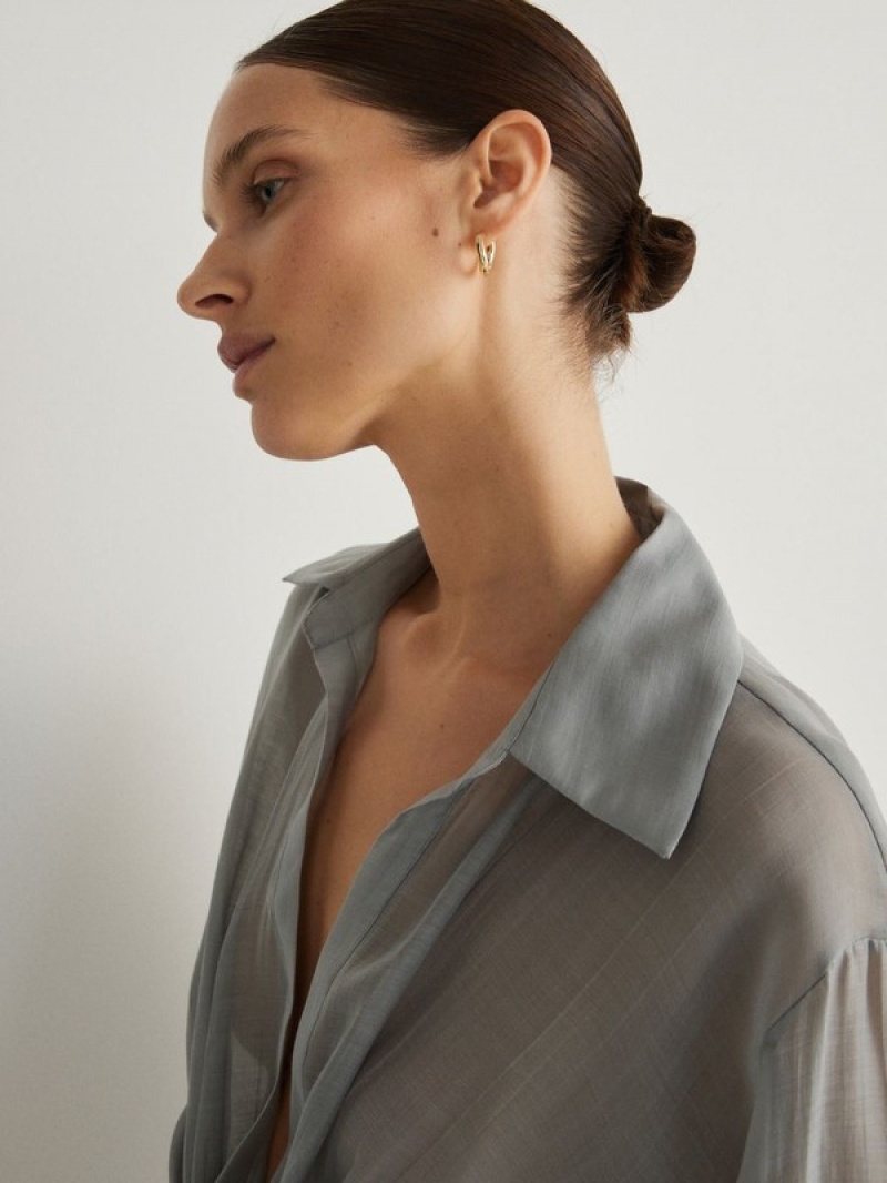 Light Grey Reserved Wrap Front Tie Detail Women's Shirts | SXAI-52170