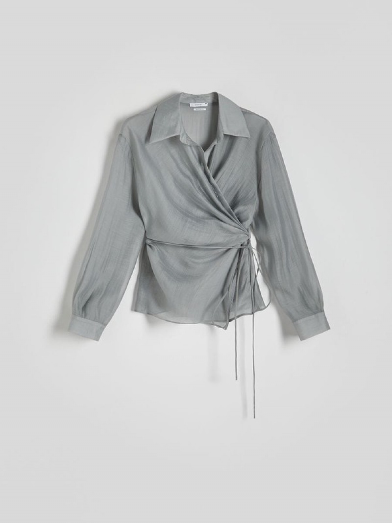 Light Grey Reserved Wrap Front Tie Detail Women's Shirts | SXAI-52170