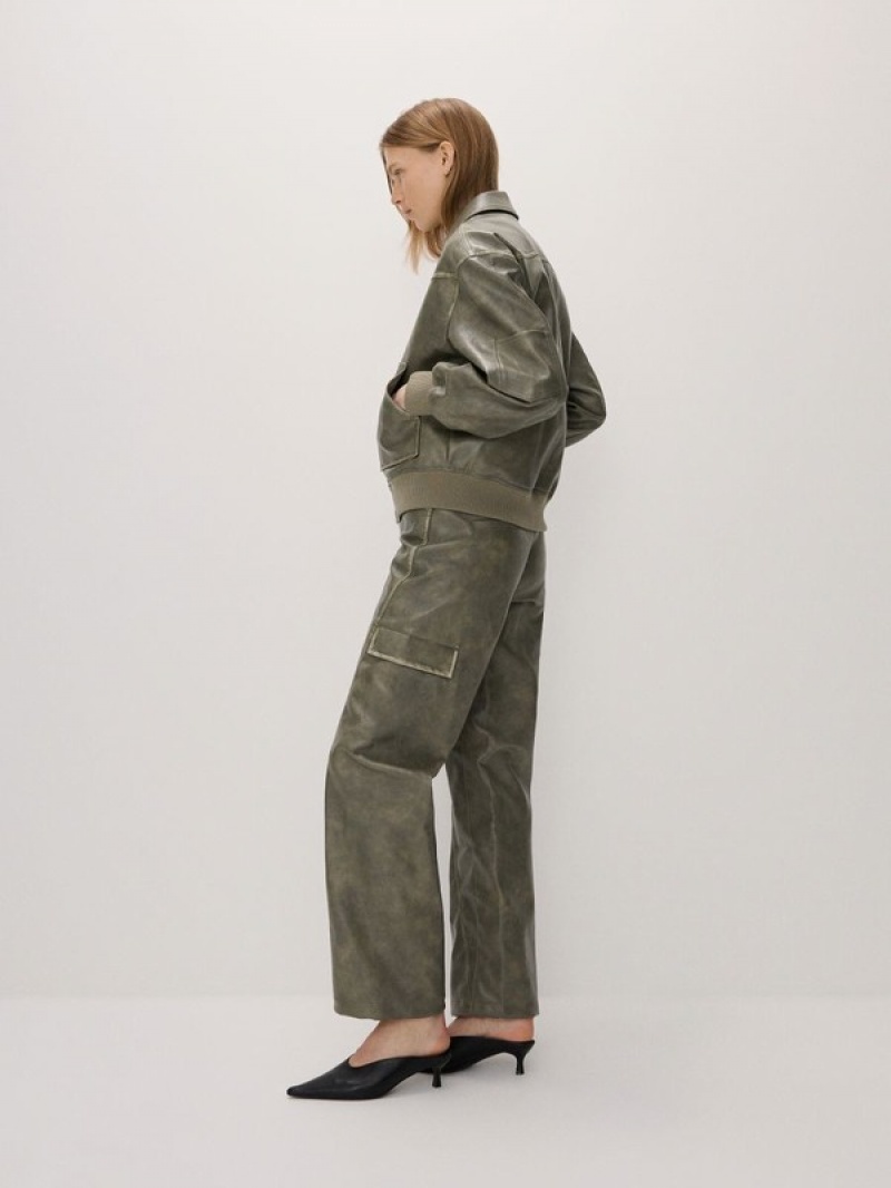 Light Olive Reserved Faux Leather Cargo Women's Trousers | YHXB-25390