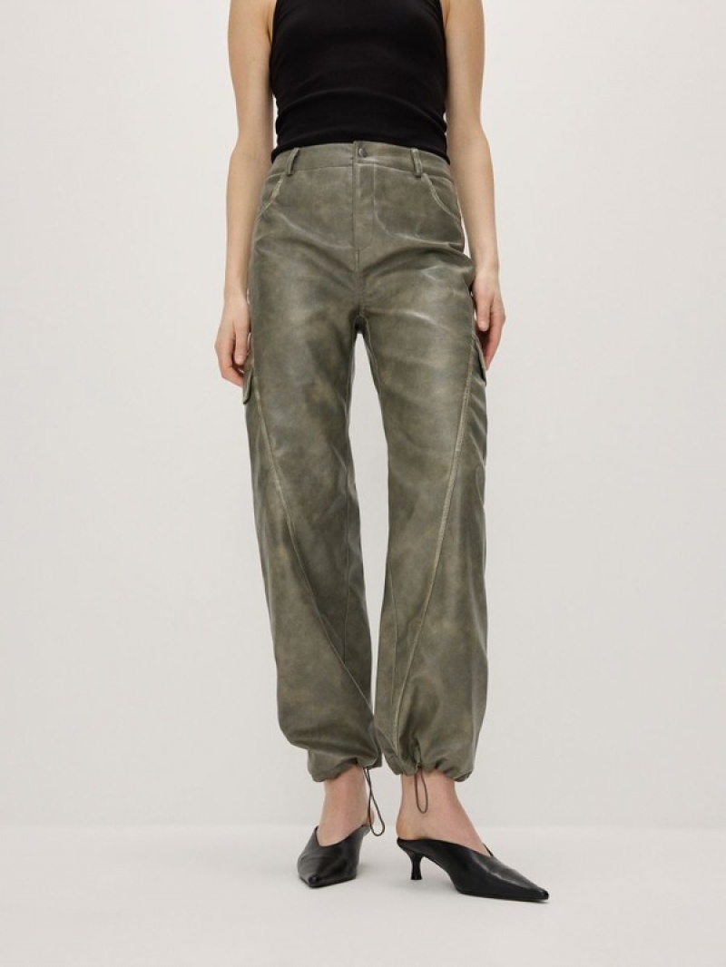 Light Olive Reserved Faux Leather Cargo Women's Trousers | YHXB-25390