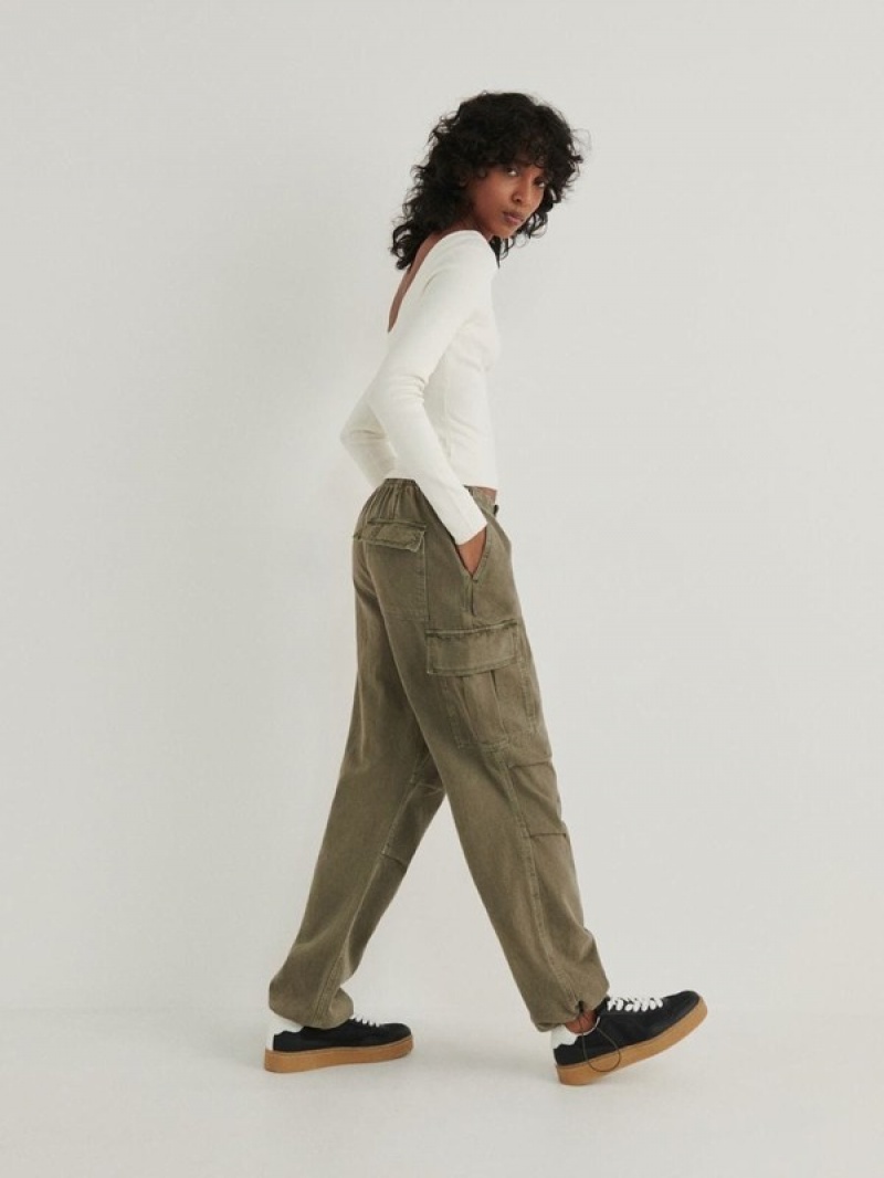 Light Olive Reserved Wide Legcargo Pockets Women's Jeans | PAKE-29435