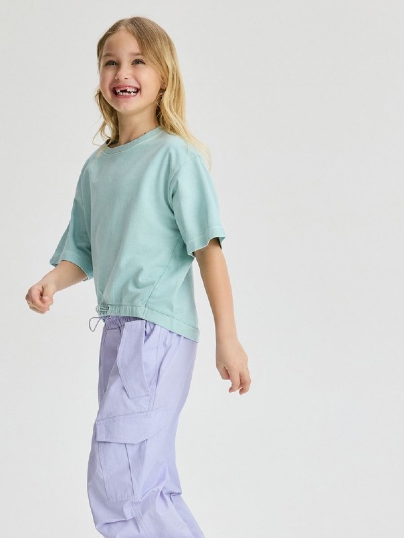 Light Turquoise Reserved Cotton Girls' T-shirts | QHXI-57283