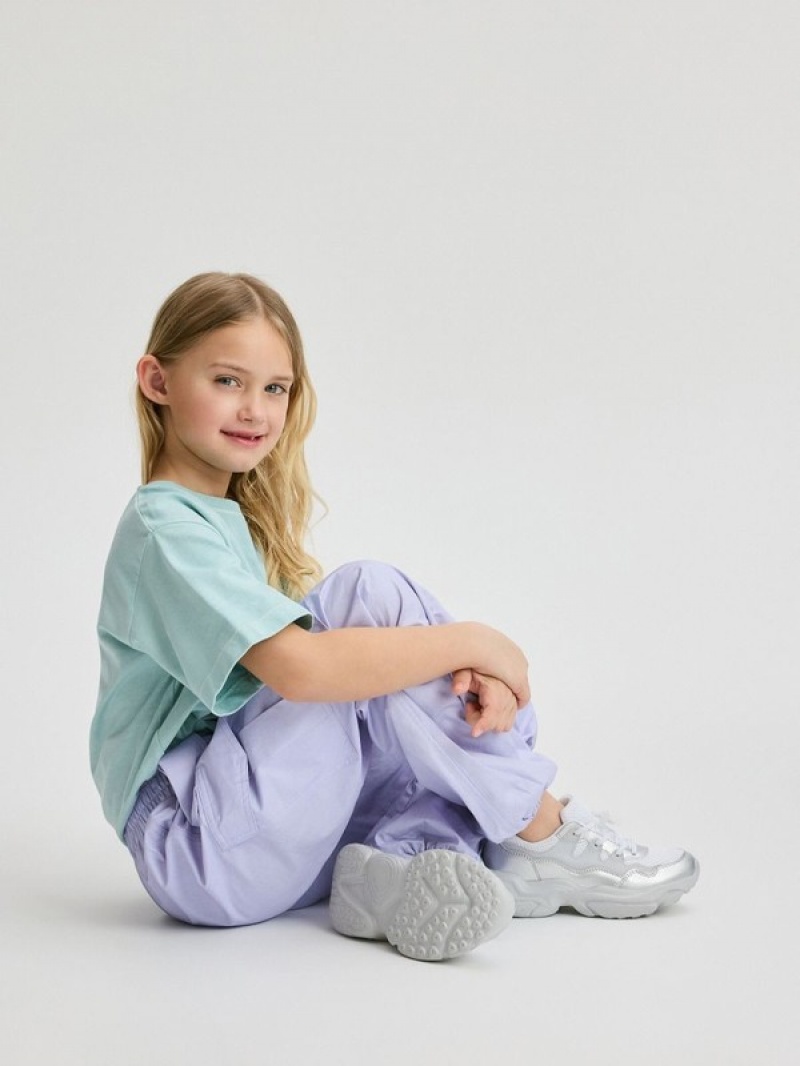 Light Turquoise Reserved Cotton Girls' T-shirts | QHXI-57283