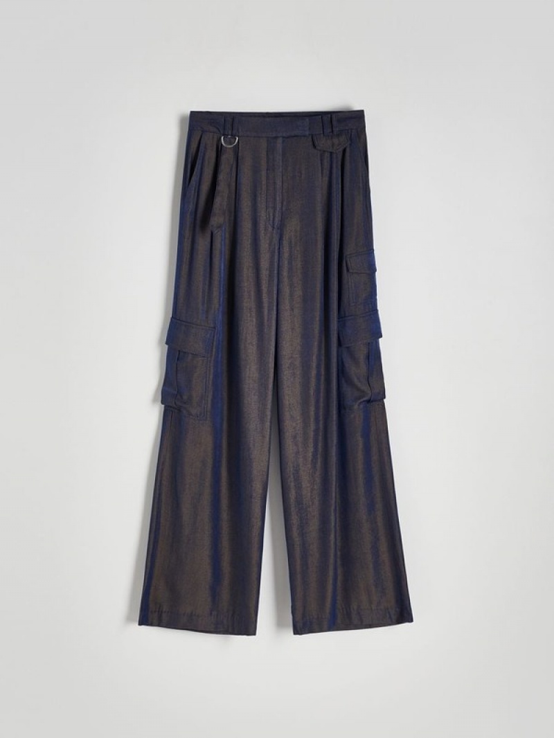 Navy Reserved Cargo Style Satin Women's Trousers | MDVJ-23658