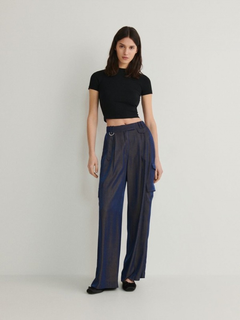 Navy Reserved Cargo Style Satin Women's Trousers | MDVJ-23658