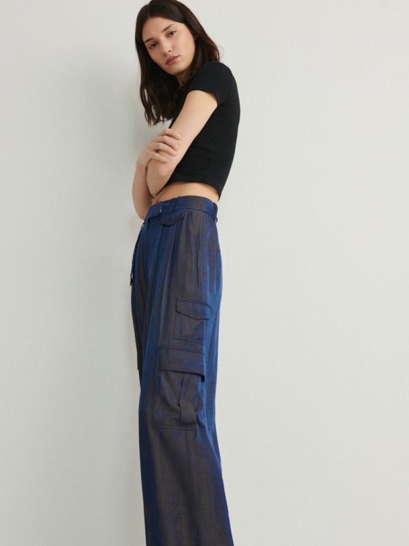 Navy Reserved Cargo Style Satin Women's Trousers | MDVJ-23658