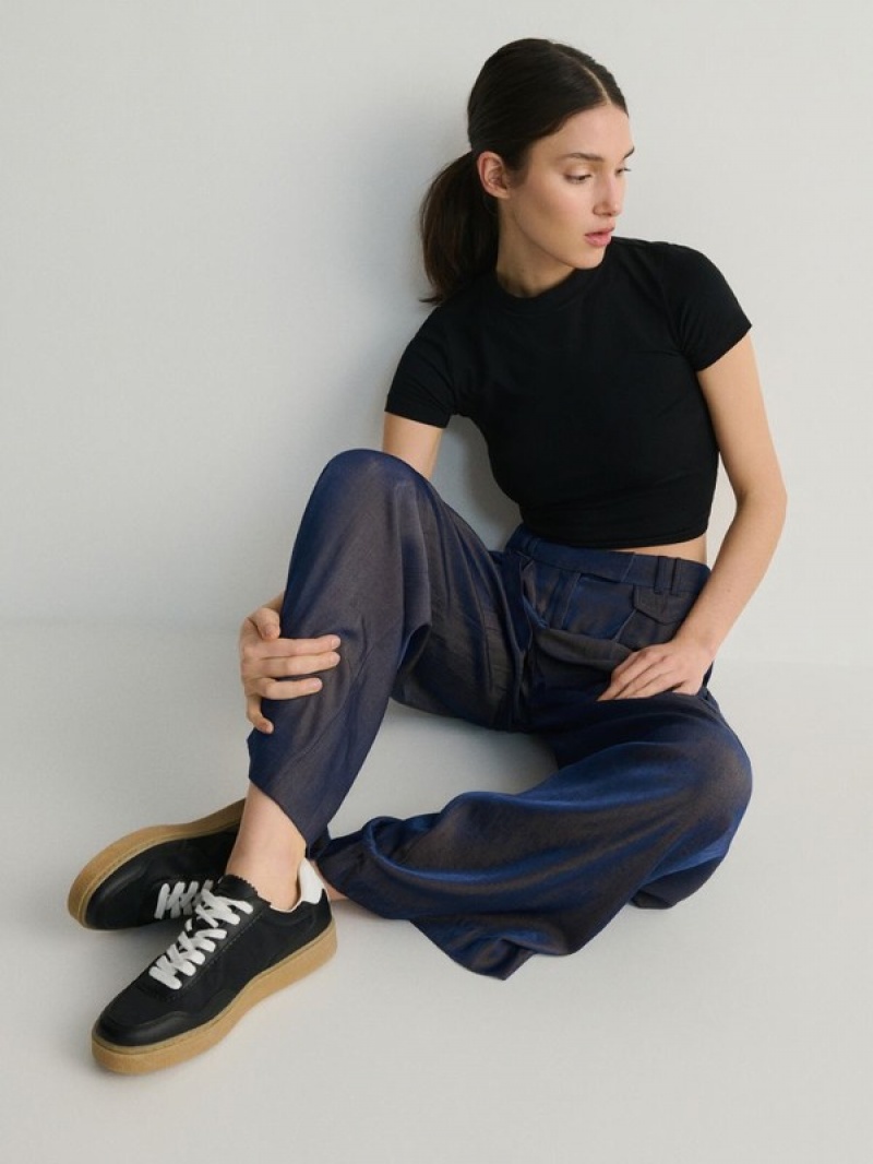 Navy Reserved Cargo Style Satin Women's Trousers | MDVJ-23658