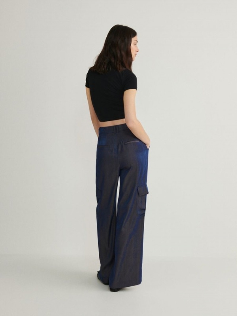 Navy Reserved Cargo Style Satin Women's Trousers | MDVJ-23658