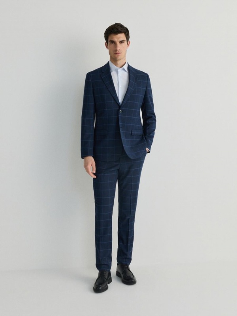 Navy Reserved Check Slim Fit Men's Suits | DSKH-74859