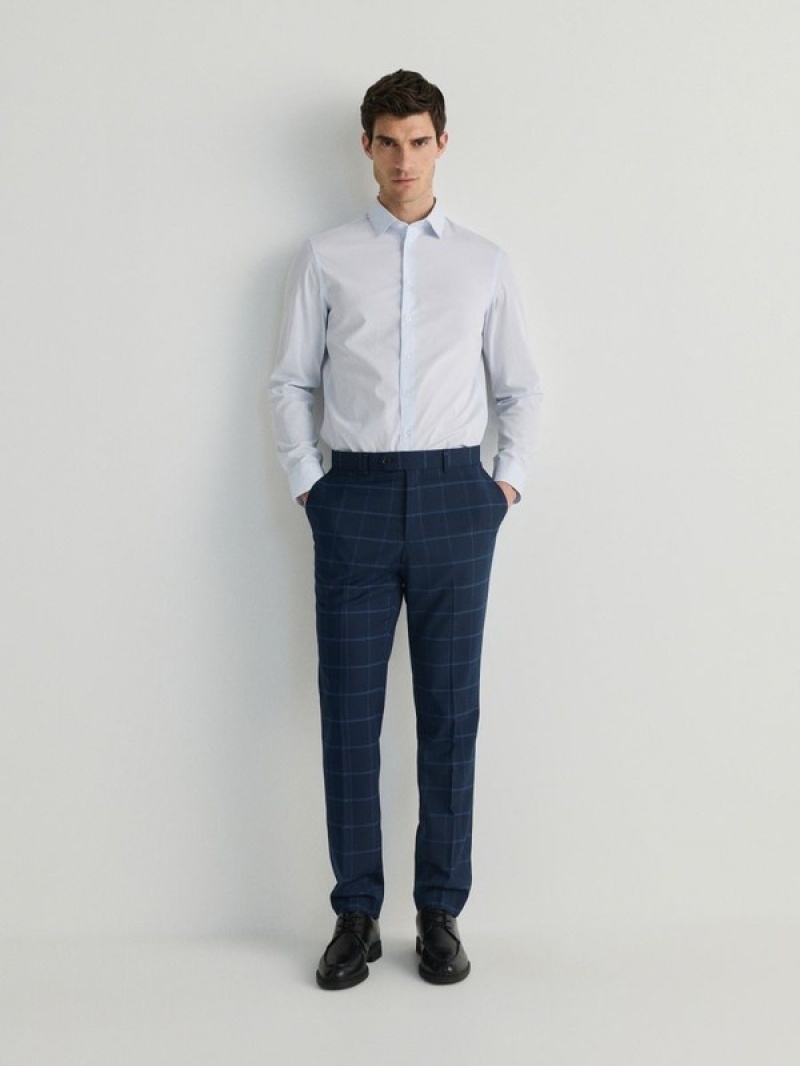 Navy Reserved Check Slim Men's Suits | OFMI-13480