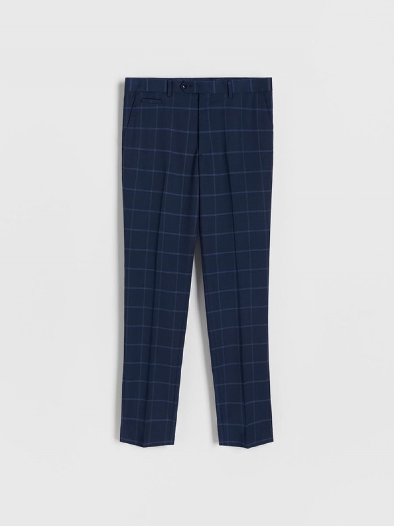 Navy Reserved Check Slim Men's Trousers | EKLF-23095